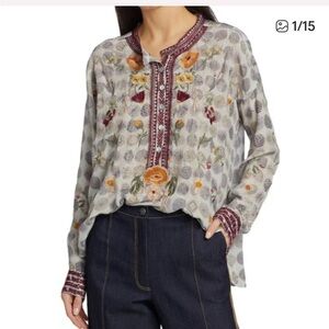 Johnny Was 100% Silk Embroidered Floral Tunic Top in Gray with Maroon Accents